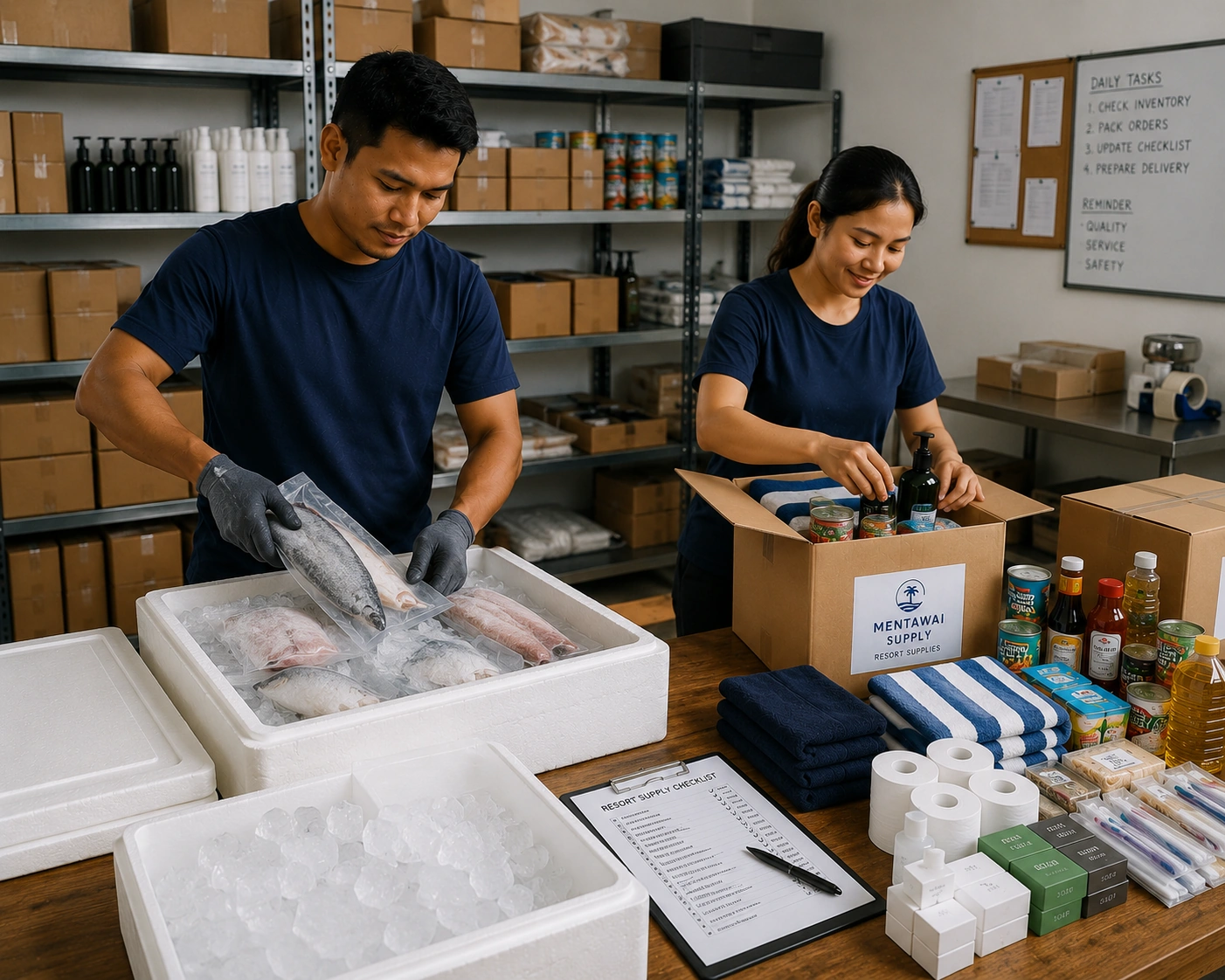 Cold storage and resort supply packing preparation for Mentawai delivery